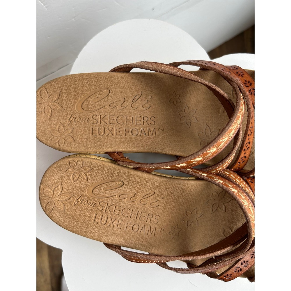Skechers Cali Luxe Foam Wedge Sandals Brown Boho Laser Cut Floral Slides - Picture 8 of 10